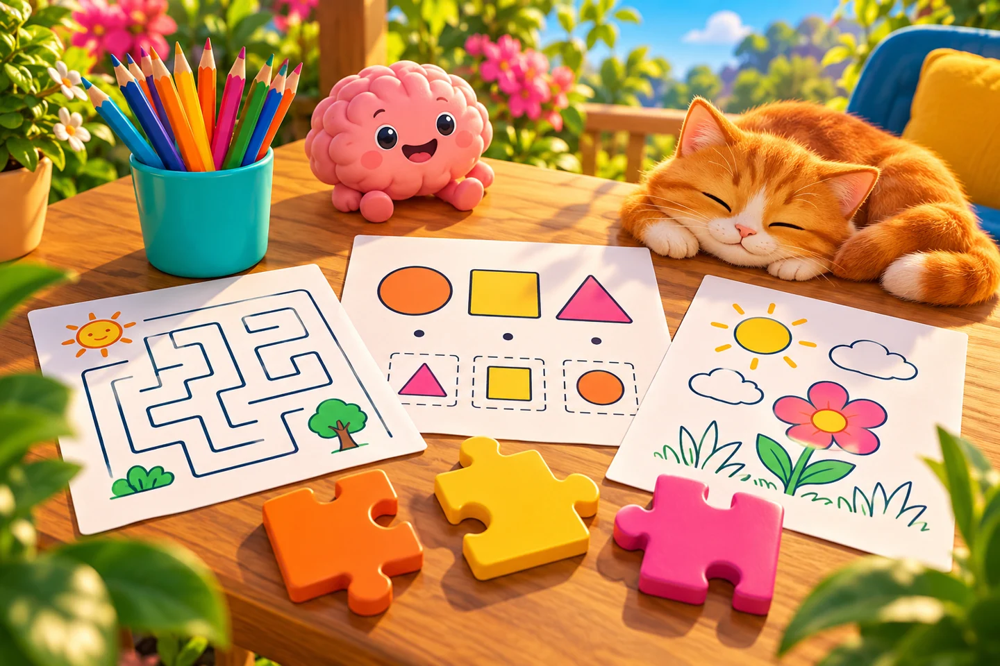 Ilustração autoral de uma mesa com jogos de papel, lápis, um mascote cérebro e um gato no jardim
